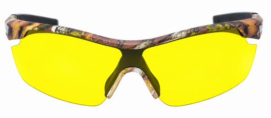 Sport sunglasses with a camouflage-patterned frame and bright yellow lenses, shown against a plain white background.