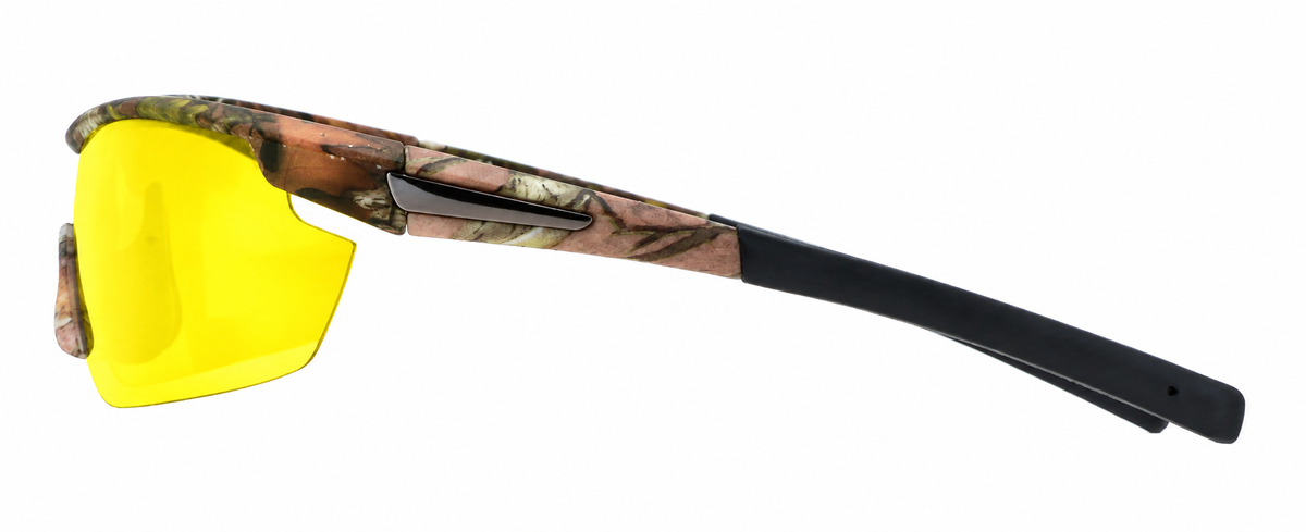 Side profile of wraparound sunglasses with a brown and green camouflage pattern on the frame, black temple arms, and bright yellow lenses, shown on a white background.