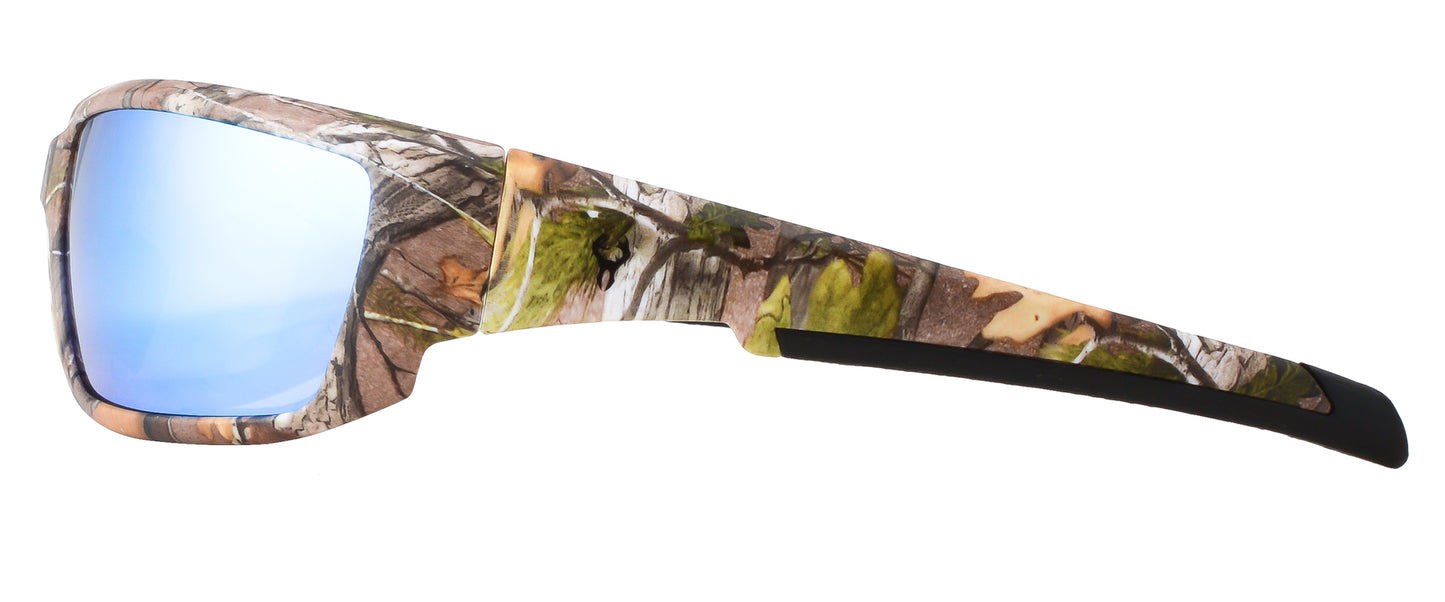 Second image: Hornz Brown Forest Camouflage Polarized Sunglasses for Men Full Frame Strong Arms & Free Matching Microfiber Pouch – Brown Camo Frame – Blue Lens