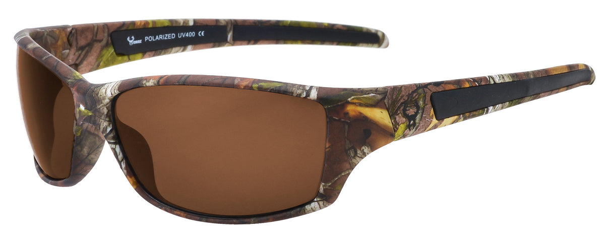 Main image: Hornz Brown Forest Camouflage Polarized Sunglasses for Men Full Frame & Free Matching Microfiber Pouch – Brown Camo Frame – Amber Lens