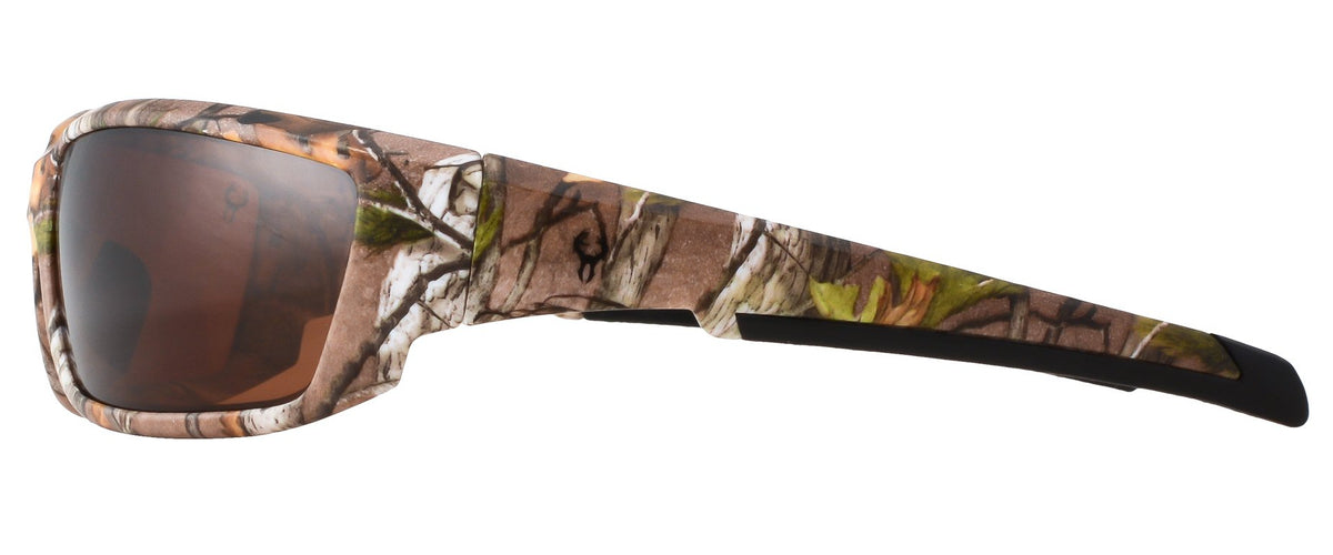 Second image: Hornz Brown Forest Camouflage Polarized Sunglasses for Men Full Frame Strong Arms & Free Matching Microfiber Pouch – Brown Camo Frame – Amber Lens