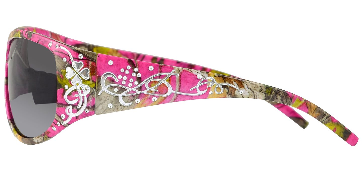 Second image: Hornz Hot Pink-Purple Camouflage Polarized Sunglasses Country Girl Style Camo & Free Matching Microfiber Pouch – Hot Pink-Purple Camo Frame - Smoke Lens