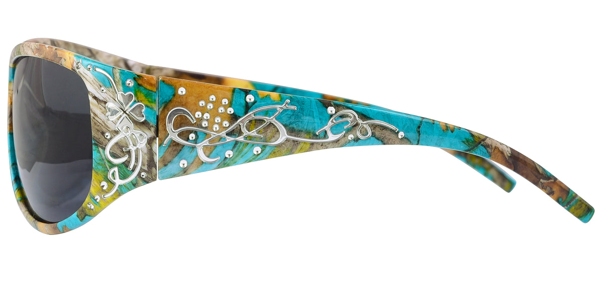 Second image: Hornz Teal Camouflage Polarized Sunglasses Country Girl Style Camo & Free Matching Microfiber Pouch – Teal Camo Frame - Smoke Lens