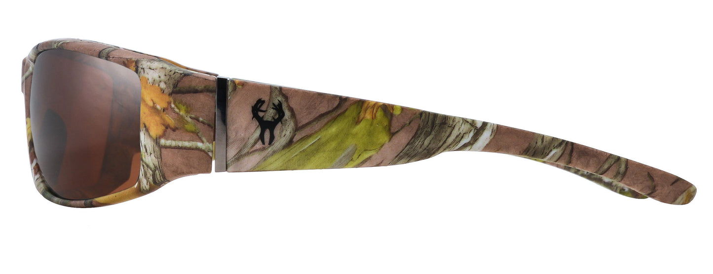 Second image: Hornz Brown Forrest Camouflage Polarized Sunglasses for Men Full Frame Wide Arms & Free Matching Microfiber Pouch – Brown Camo Frame – Amber Lens