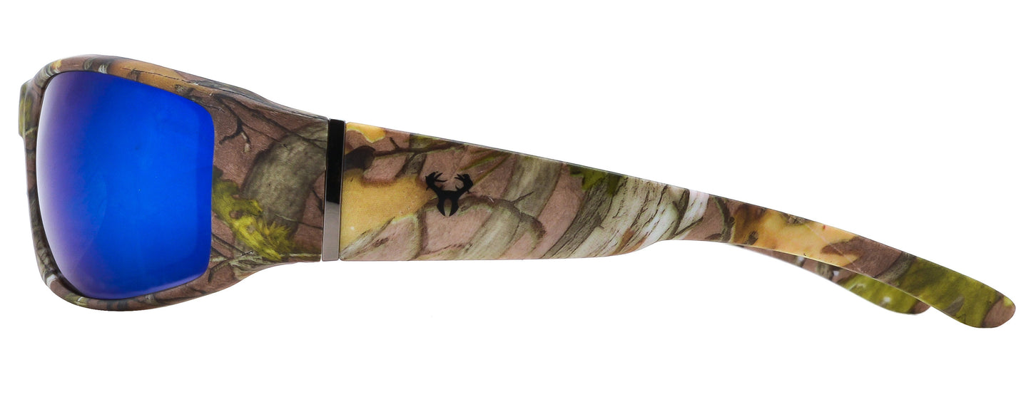 Second image: Hornz Brown Forrest Camouflage Polarized Sunglasses for Men Full Frame Wide Arms & Free Matching Microfiber Pouch – Brown Camo Frame – Blue Lens