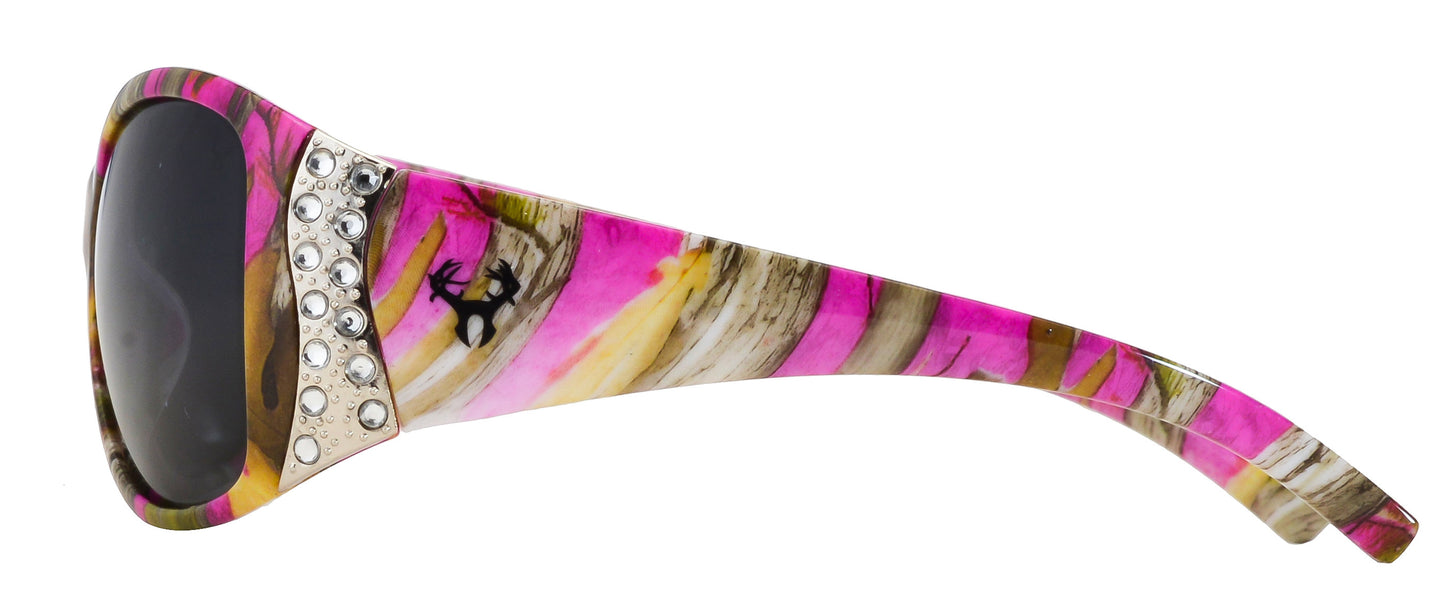 Second image: Hornz Hot Pink Camo Polarized Womens Sunglasses- Hot Pink Camo Frame- Smoke Lens