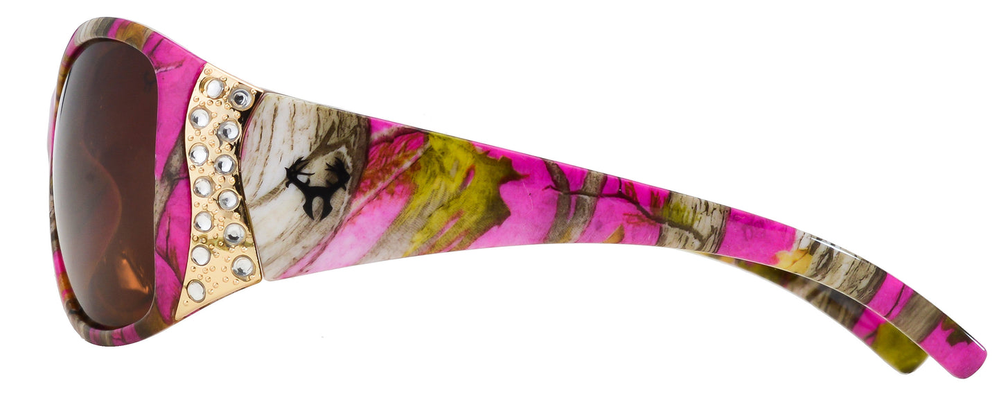 Second image: Hornz Hot Pink Camo Polarized Womens Sunglasses- Hot Pink Camo Frame- Amber Lens