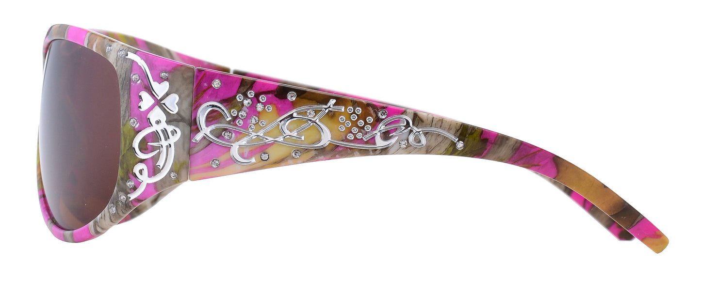 Second image: Hornz Hot Pink-Purple Camouflage Polarized Sunglasses Country Girl Style Camo & Free Matching Microfiber Pouch - Hot Pink-Purple Camo Frame - Amber Lens