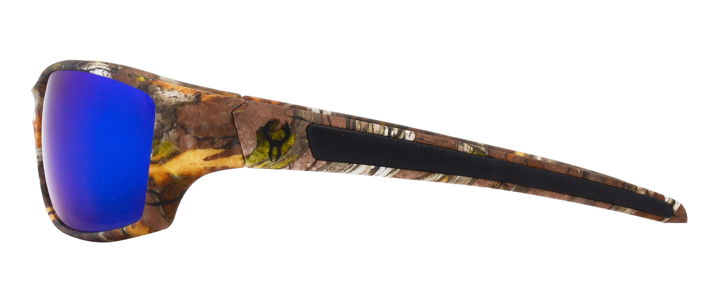 Second image: Hornz Brown Forest Camouflage Polarized Sunglasses for Men Full Frame & Free Matching Microfiber Pouch – Brown Camo Frame – Blue Lens