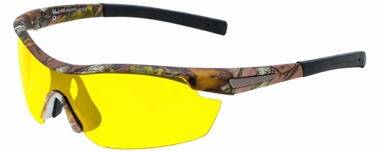 Sport sunglasses with a brown and green camouflage pattern frame and bright yellow lenses, shown on a plain white background.