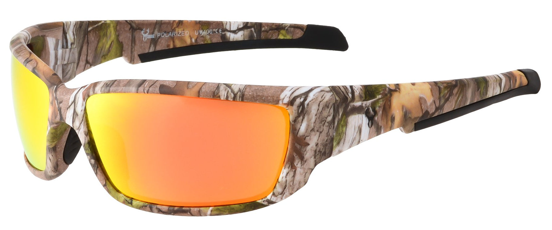 Main image: Hornz Brown Forest Camouflage Polarized Sunglasses for Men Full Frame Strong Arms & Free Matching Microfiber Pouch – Brown Camo Frame – Orange Lens
