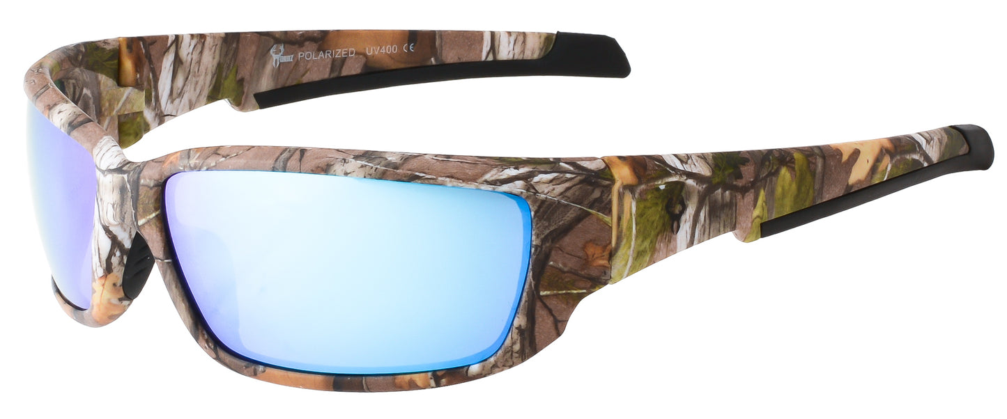 Main image: Hornz Brown Forest Camouflage Polarized Sunglasses for Men Full Frame Strong Arms & Free Matching Microfiber Pouch – Brown Camo Frame – Blue Lens