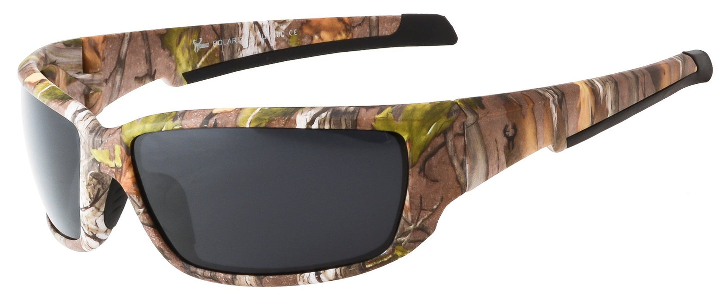 Main image: Hornz Brown Forest Camouflage Polarized Sunglasses for Men Full Frame Strong Arms & Free Matching Microfiber Pouch – Brown Camo Frame - Smoke Lens