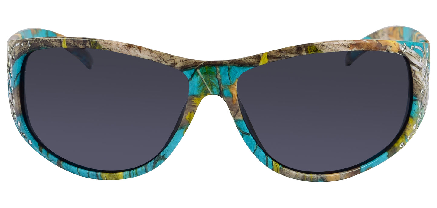 Third image: Hornz Teal Camouflage Polarized Sunglasses Country Girl Style Camo & Free Matching Microfiber Pouch – Teal Camo Frame - Smoke Lens