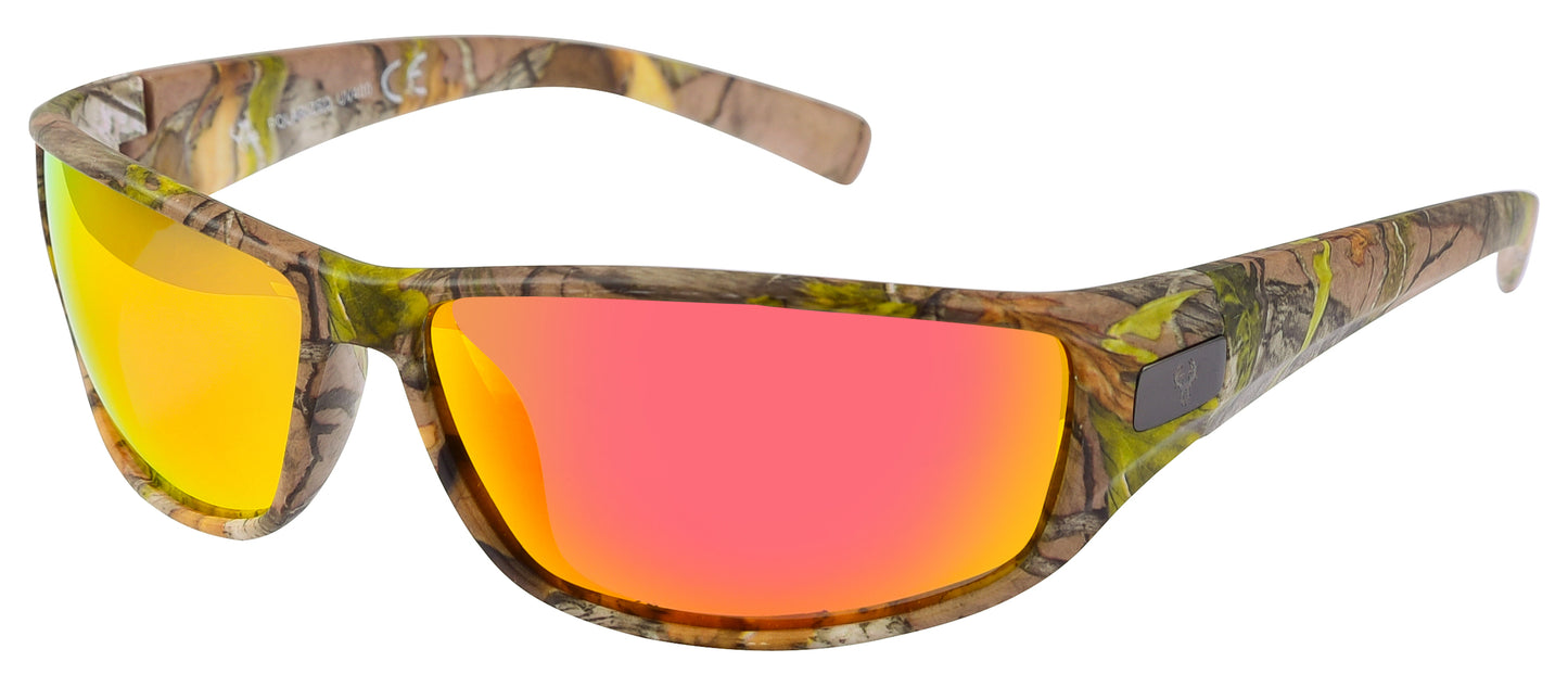 Main image: Hornz Brown Forest Camouflage Polarized Sunglasses for Men - WhiteTail - Free Matching Microfiber Pouch - Brown Camo Frame - Fire Orange Lens