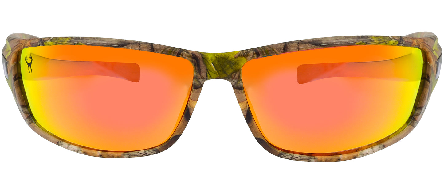 Third image: Hornz Brown Forest Camouflage Polarized Sunglasses for Men - WhiteTail - Free Matching Microfiber Pouch - Brown Camo Frame - Fire Orange Lens