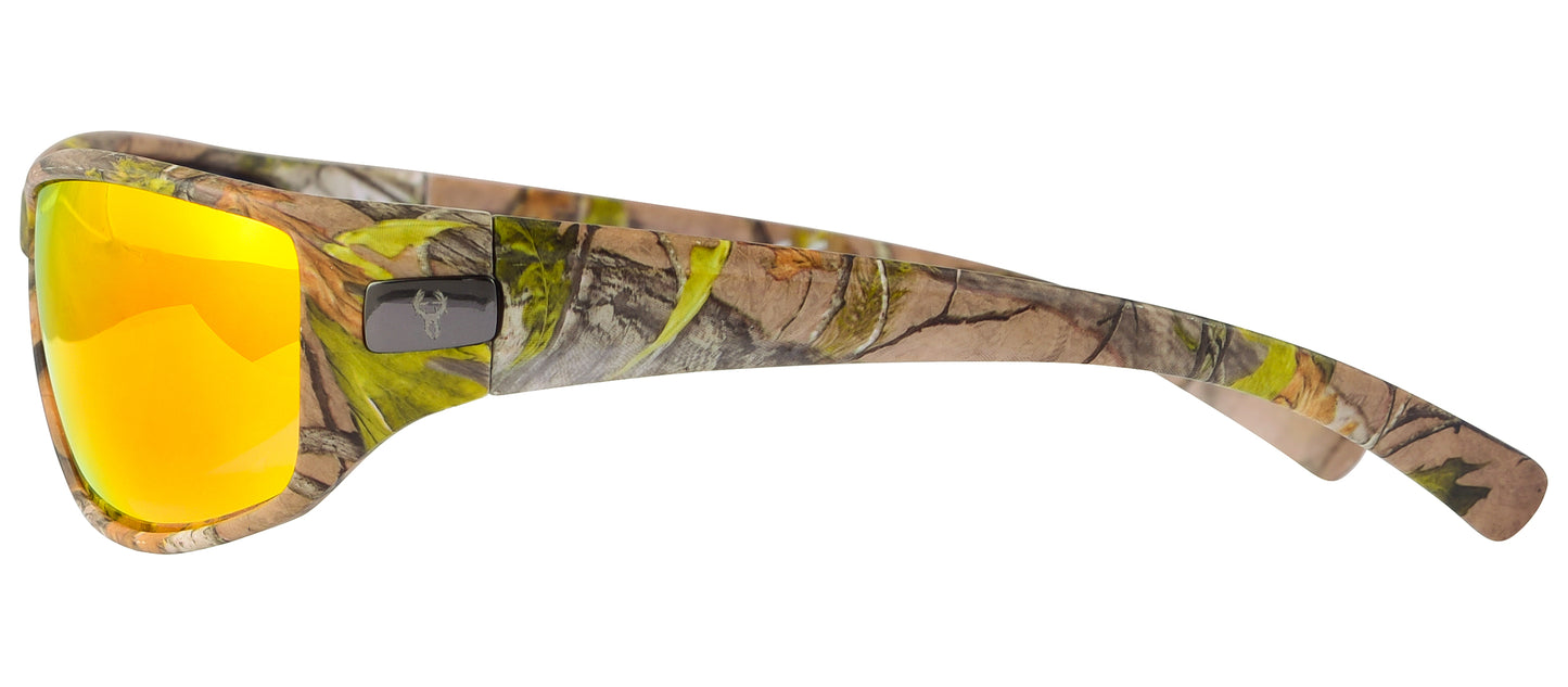 Second image: Hornz Brown Forest Camouflage Polarized Sunglasses for Men - WhiteTail - Free Matching Microfiber Pouch - Brown Camo Frame - Fire Orange Lens