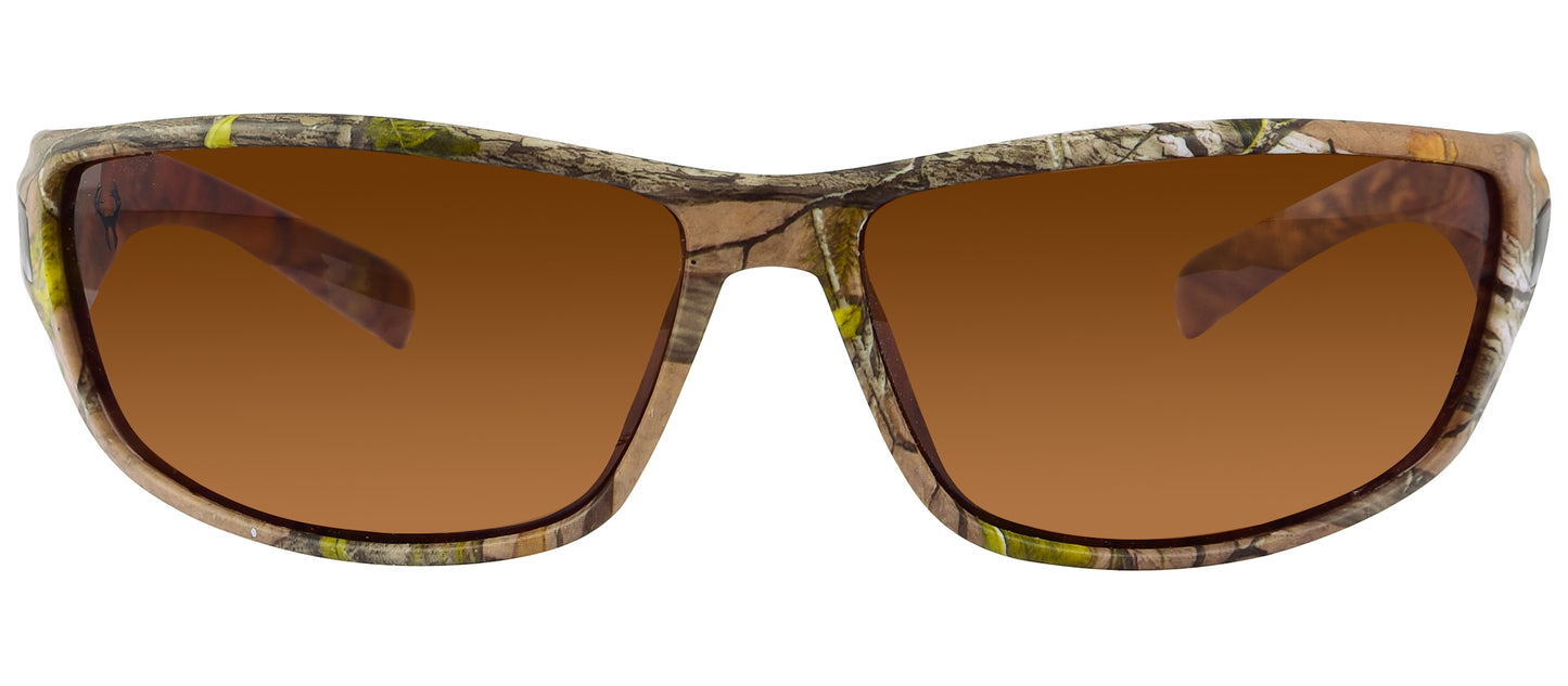 Third image: Hornz Brown Forest Camouflage Polarized Sunglasses for Men - WhiteTail - Free Matching Microfiber Pouch - Brown Camo Frame - Amber Lens