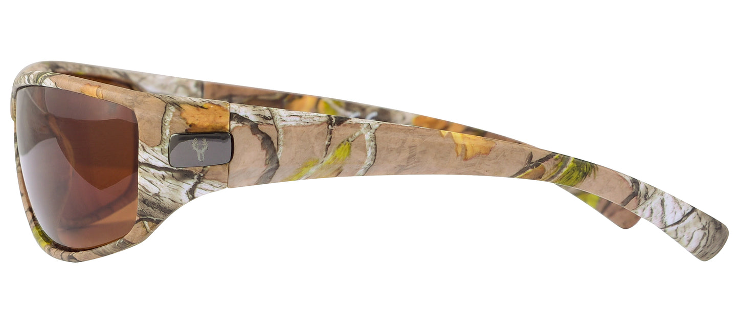Second image: Hornz Brown Forest Camouflage Polarized Sunglasses for Men - WhiteTail - Free Matching Microfiber Pouch - Brown Camo Frame - Amber Lens