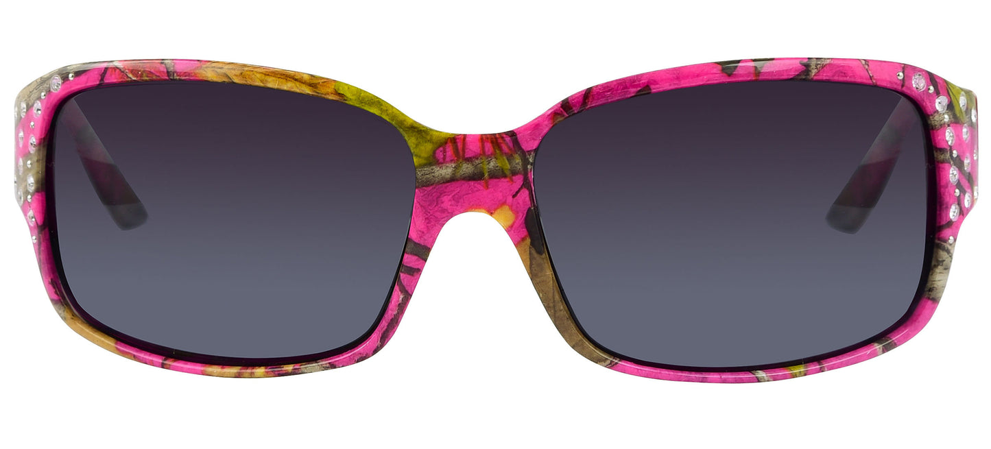 Third image: Polarized Hot Pink Camo Sunglasses for Women - Diamante - Hot Pink Camo Frame - Smoke Lens