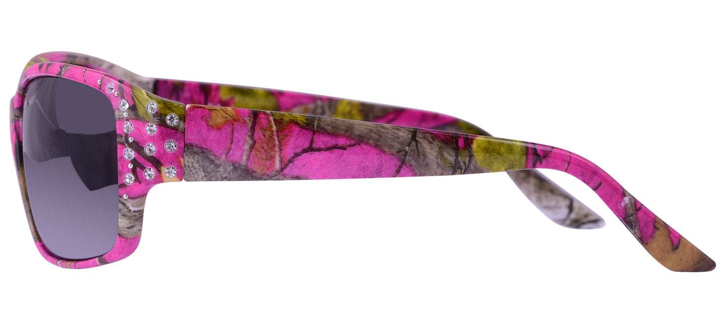 Second image: Polarized Hot Pink Camo Sunglasses for Women - Diamante - Hot Pink Camo Frame - Smoke Lens