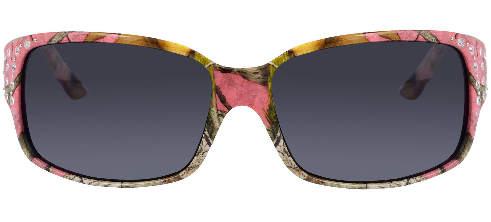 Third image: Polarized Pink Camo Sunglasses for Women - Diamante - Pink Camo Frame - Smoke Lens