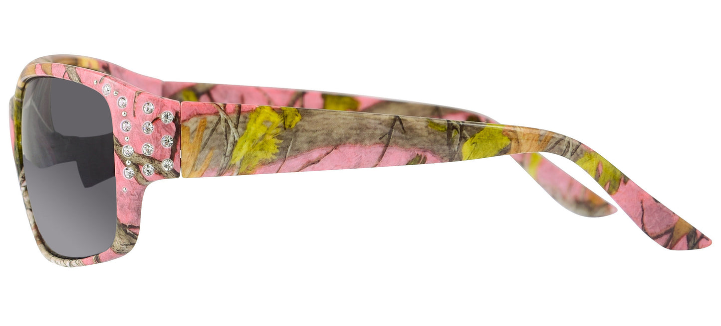 Second image: Polarized Pink Camo Sunglasses for Women - Diamante - Pink Camo Frame - Smoke Lens