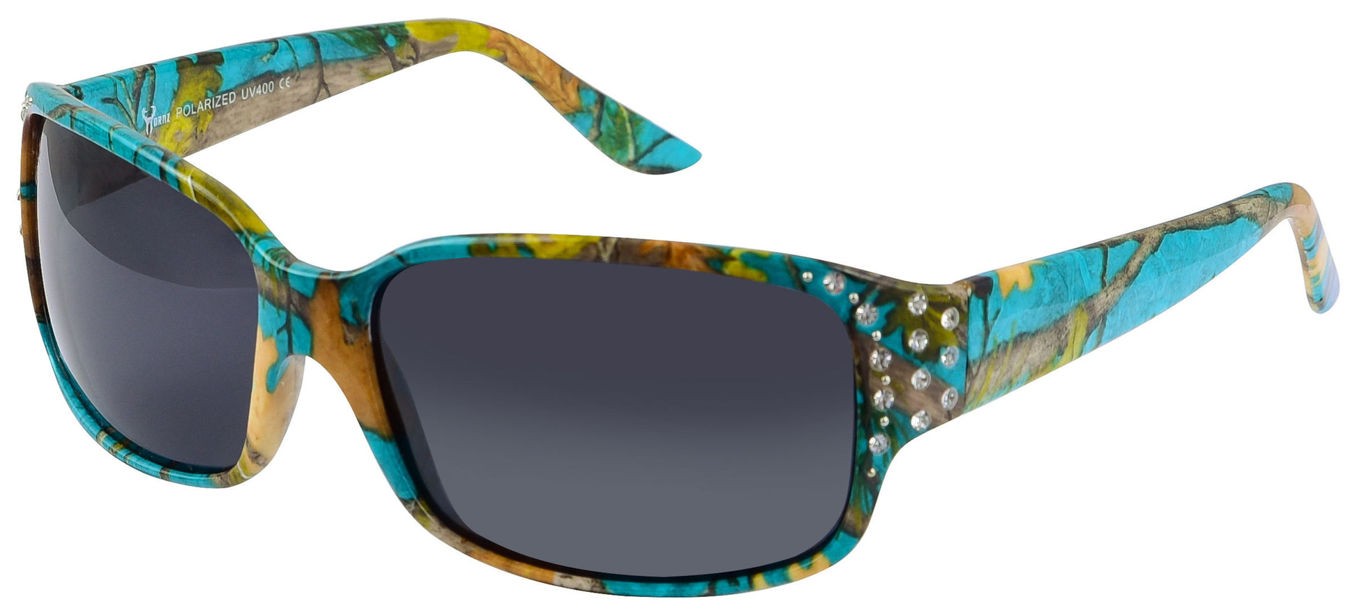 Main image: Polarized Teal Camo Sunglasses for Women - Diamante - Teal Camo Frame - Smoke Lens