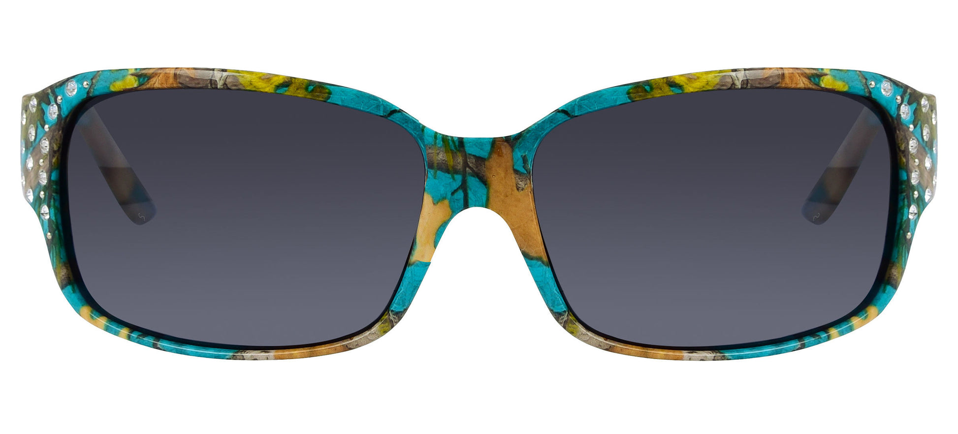 Third image: Polarized Teal Camo Sunglasses for Women - Diamante - Teal Camo Frame - Smoke Lens