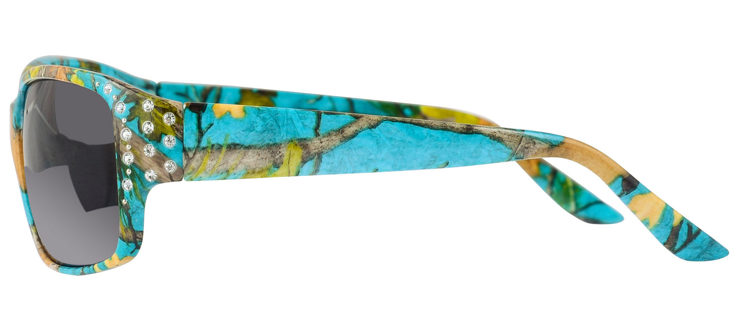 Second image: Polarized Teal Camo Sunglasses for Women - Diamante - Teal Camo Frame - Smoke Lens