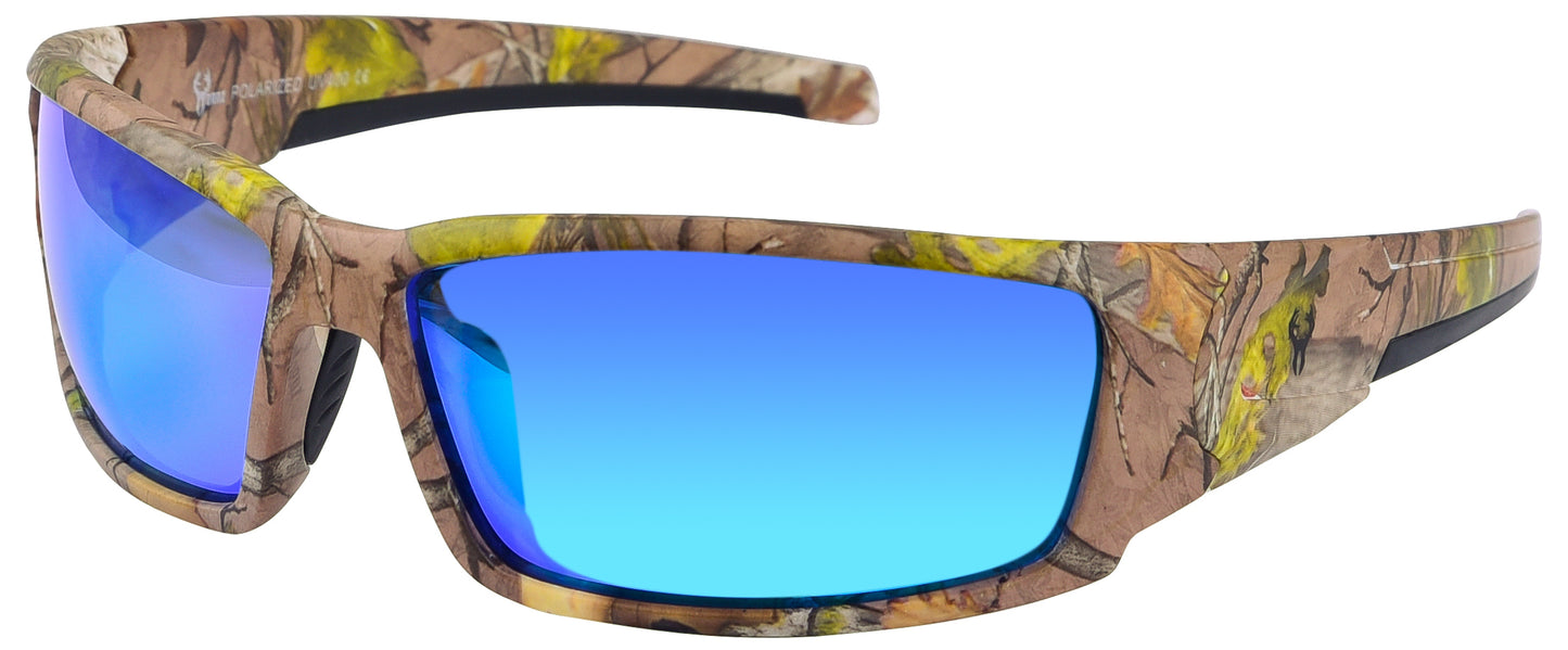 Main image: Hornz Brown Forest Camouflage Polarized Sunglasses for Men - Aquabull - Free Matching Microfiber Pouch - Brown Camo Frame - Ice Blue Lens