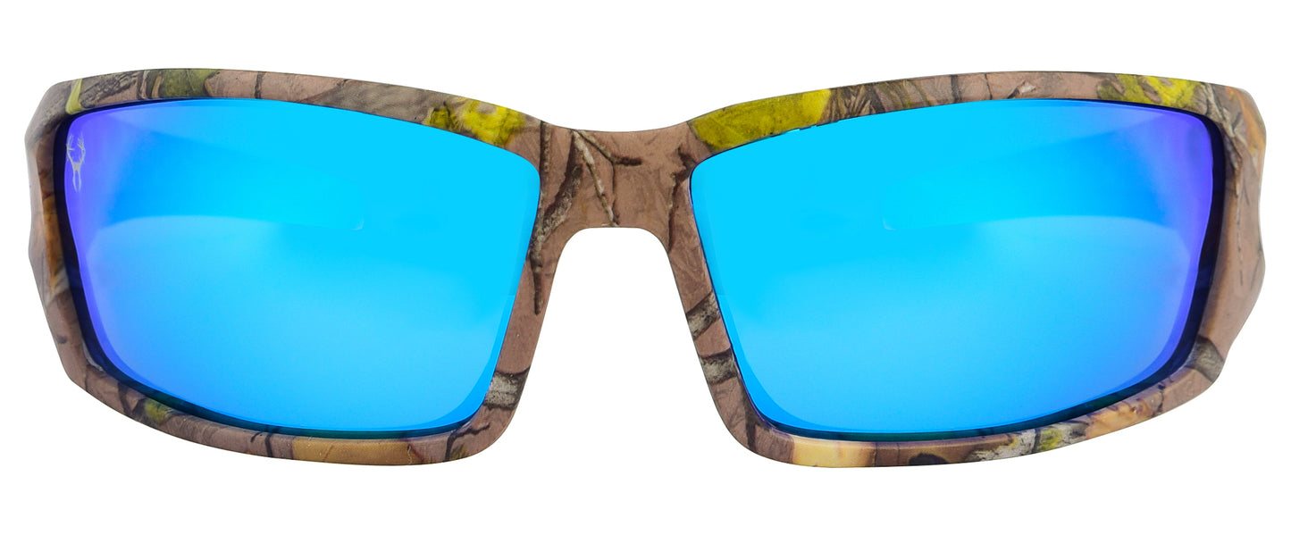 Third image: Hornz Brown Forest Camouflage Polarized Sunglasses for Men - Aquabull - Free Matching Microfiber Pouch - Brown Camo Frame - Ice Blue Lens