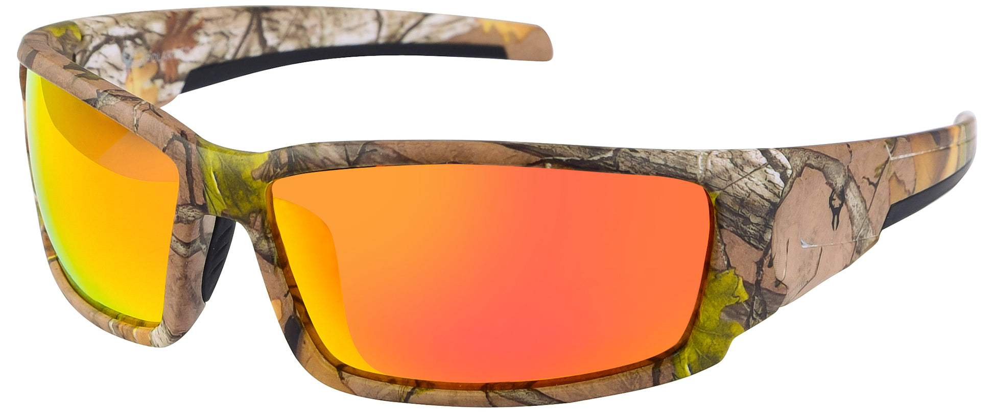 Main image: Hornz Brown Forest Camouflage Polarized Sunglasses for Men - Aquabull - Free Matching Microfiber Pouch - Brown Camo Frame - Fire Orange Lens