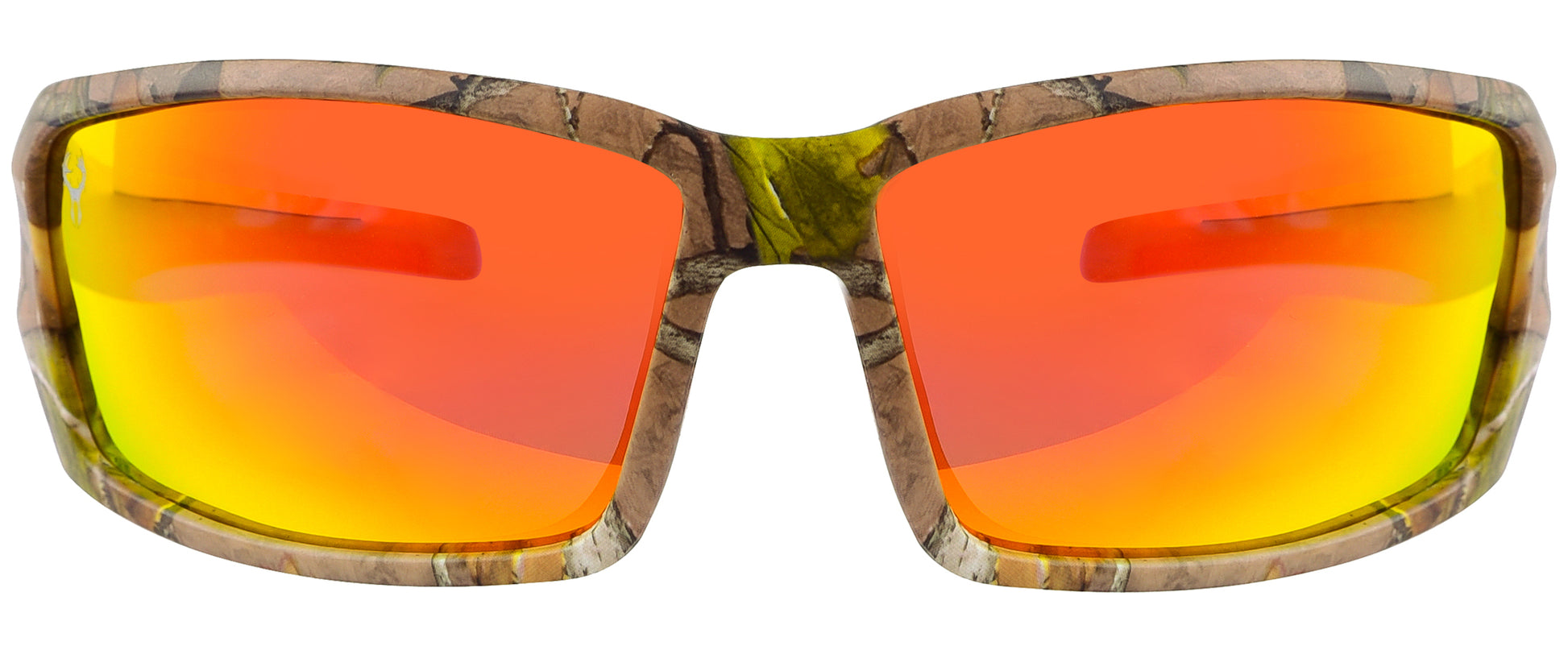 Third image: Hornz Brown Forest Camouflage Polarized Sunglasses for Men - Aquabull - Free Matching Microfiber Pouch - Brown Camo Frame - Fire Orange Lens
