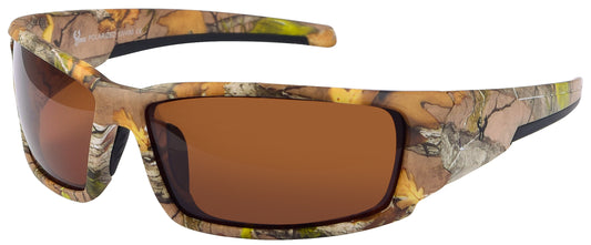 Main image: Hornz Brown Forest Camouflage Polarized Sunglasses for Men - Aquabull - Free Matching Microfiber Pouch - Brown Camo Frame - Amber Lens