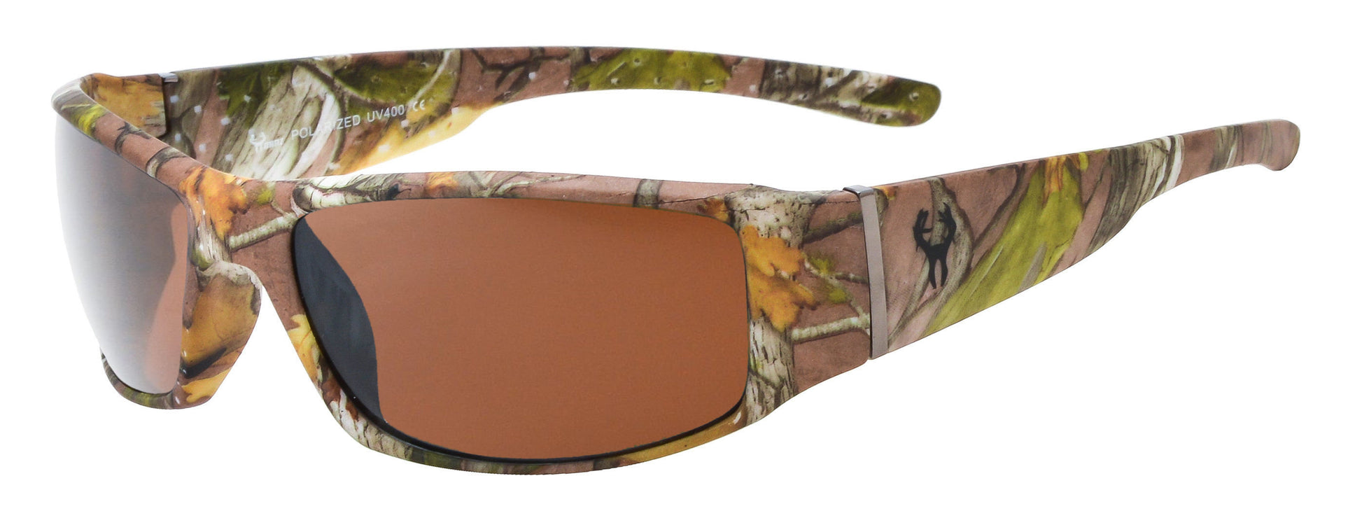 Main image: Hornz Brown Forrest Camouflage Polarized Sunglasses for Men Full Frame Wide Arms & Free Matching Microfiber Pouch – Brown Camo Frame – Amber Lens