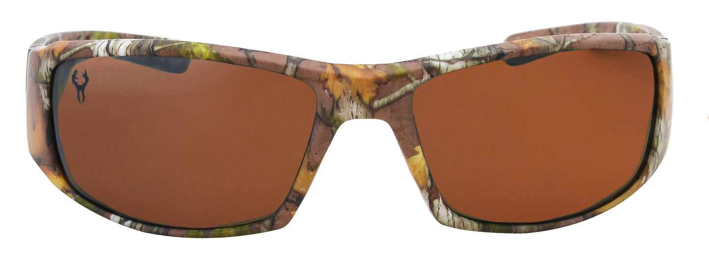Third image: Hornz Brown Forrest Camouflage Polarized Sunglasses for Men Full Frame Wide Arms & Free Matching Microfiber Pouch – Brown Camo Frame – Amber Lens
