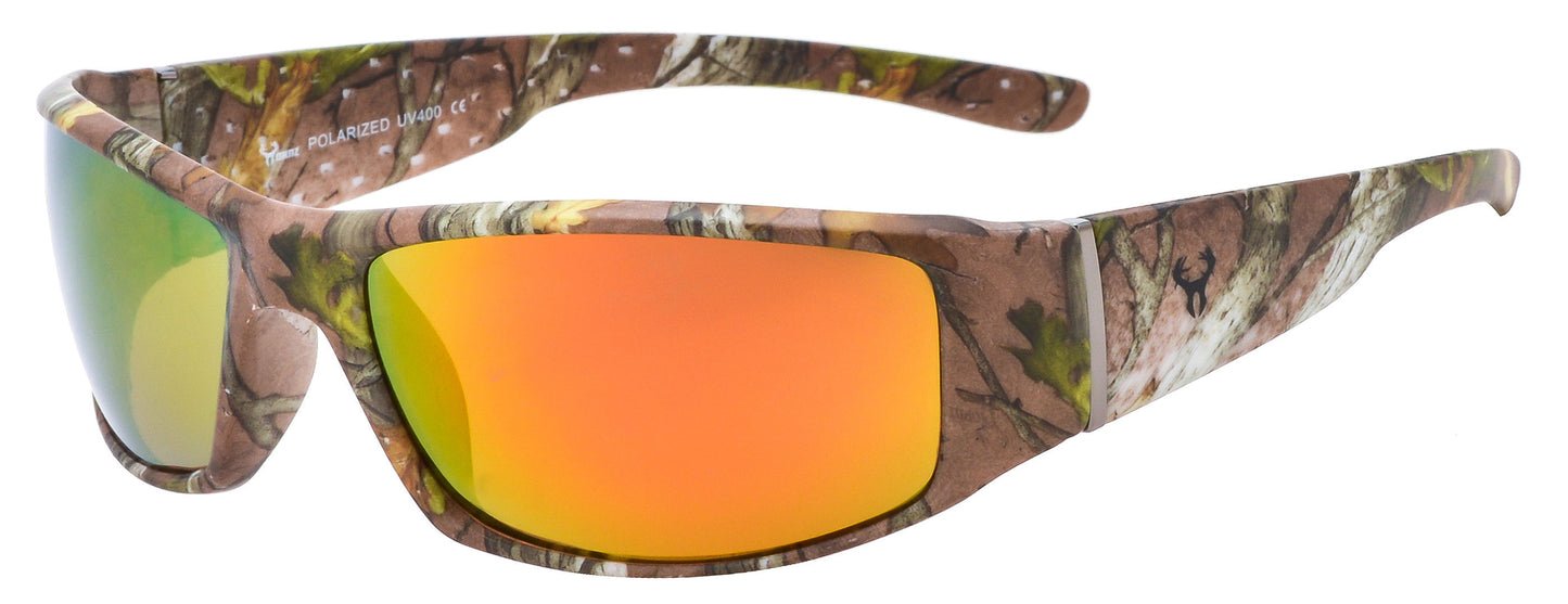 Main image: Hornz Brown Forrest Camouflage Polarized Sunglasses for Men Full Frame Wide Arms & Free Matching Microfiber Pouch – Brown Camo Frame – Orange Lens
