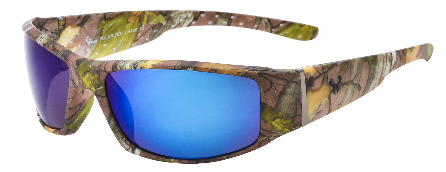 Main image: Hornz Brown Forrest Camouflage Polarized Sunglasses for Men Full Frame Wide Arms & Free Matching Microfiber Pouch – Brown Camo Frame – Blue Lens
