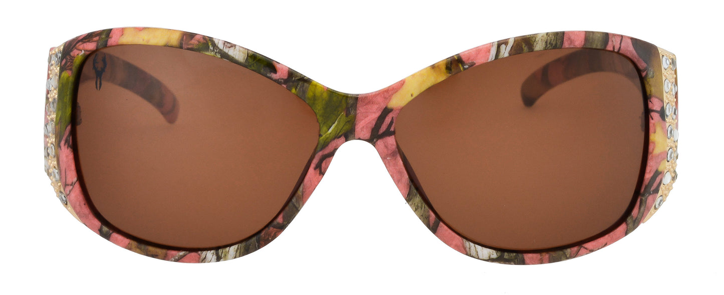 Third image: Hornz Pink Camo Polarized Sunglasses for Women - Pink Camo Frame - Amber Lens