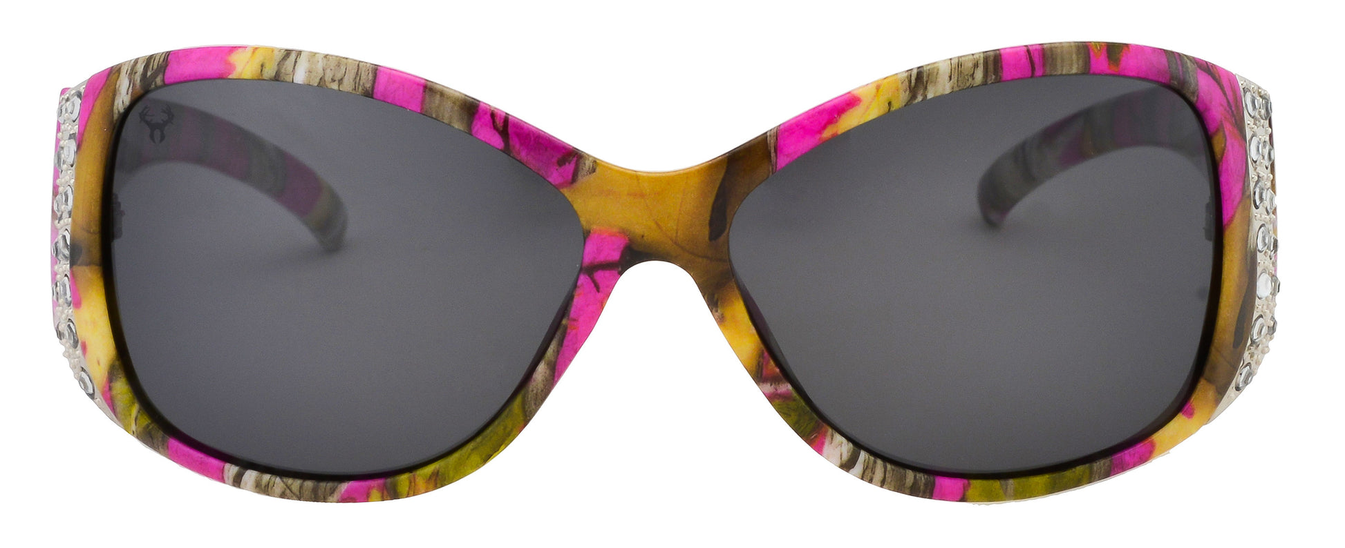 Third image: Hornz Hot Pink Camo Polarized Womens Sunglasses- Hot Pink Camo Frame- Smoke Lens