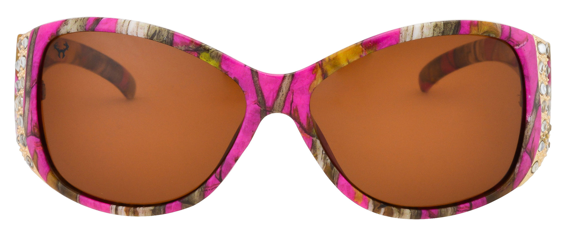 Third image: Hornz Hot Pink Camo Polarized Womens Sunglasses- Hot Pink Camo Frame- Amber Lens