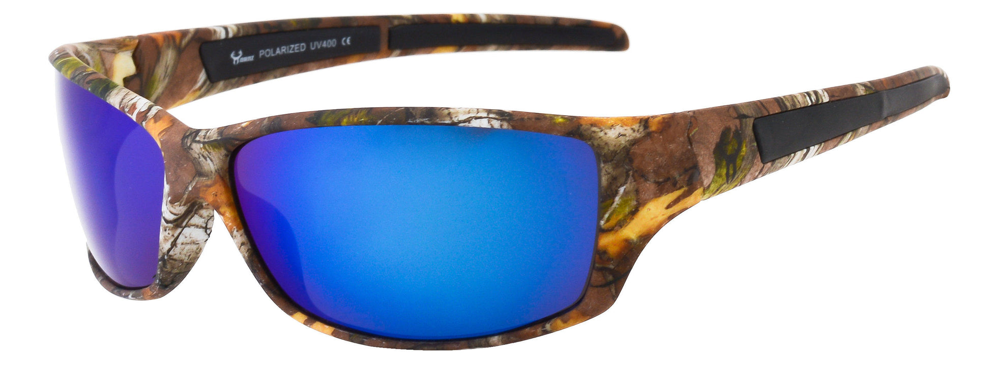 Main image: Hornz Brown Forest Camouflage Polarized Sunglasses for Men Full Frame & Free Matching Microfiber Pouch – Brown Camo Frame – Blue Lens