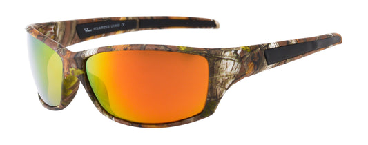 Main image: Hornz Brown Forest Camouflage Polarized Sunglasses for Men Full Frame & Free Matching Microfiber Pouch – Brown Camo Frame – Orange Lens